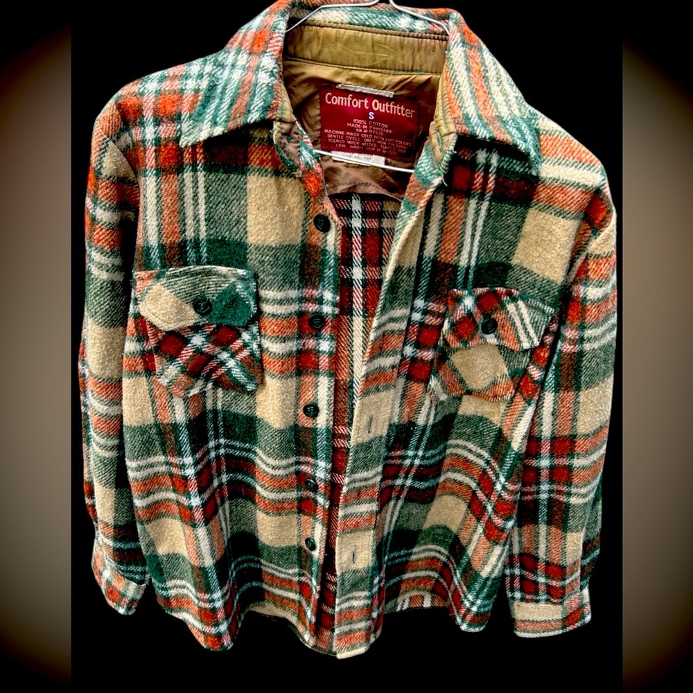 Women’s comfort outfitter shaket size small green, brown, white, orange plaid
